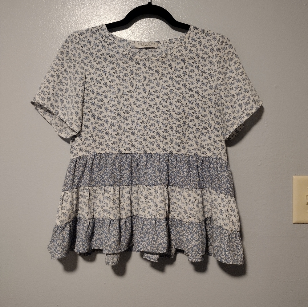 Paper Crane Blue and White Floral Peplum Blouse